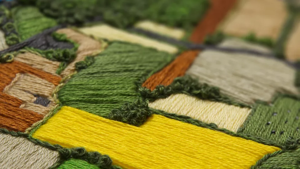 Embroidery of agricultural landscape. Photo.