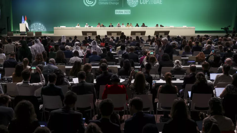 COP28 delegates in a conference room. Photo.