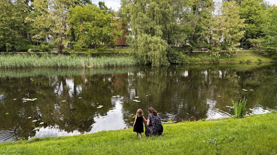 Woman and child by a pond in a park.