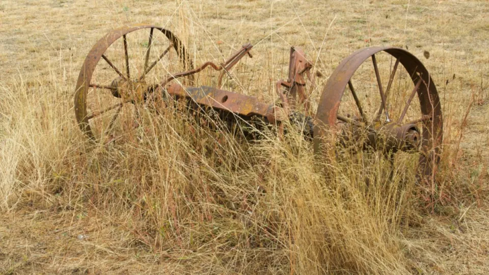 Abandoned pair of rusty wheels in a field. Photo.