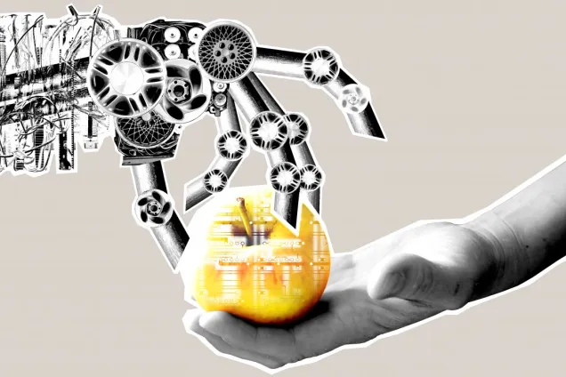 Robot hand gives a human hand an apple. Illustration.