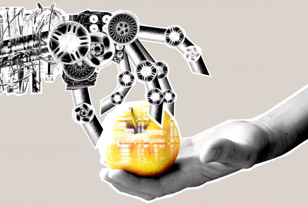 Robot hand gives a human hand an apple. Illustration.