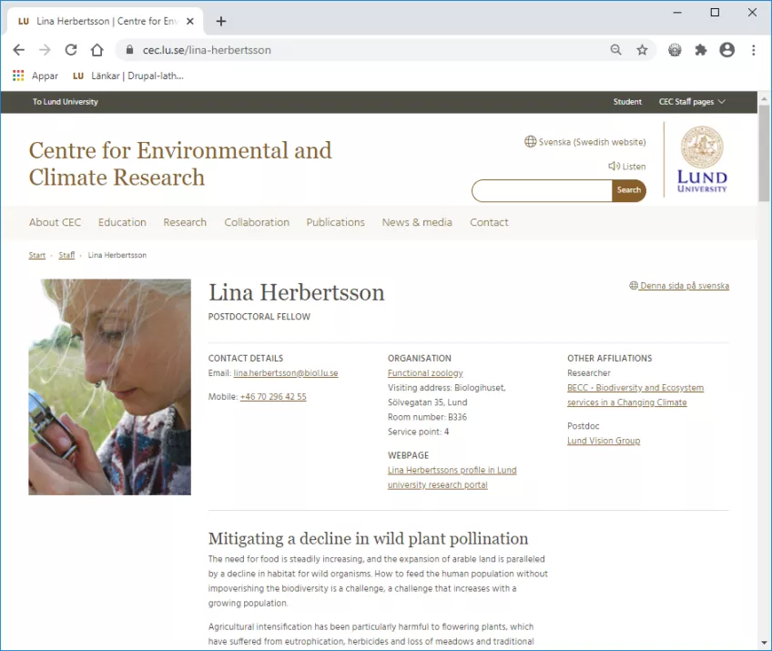 Lina Herbertsson's personal page. Screenshot.