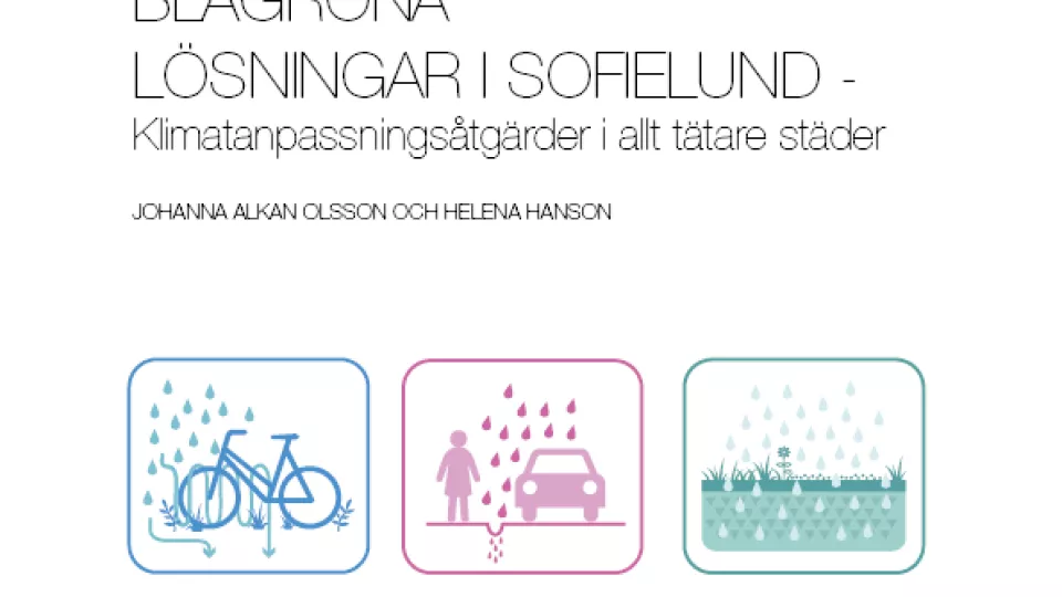 Broschyrens framsida med teckningar av regn, människor, hus, cyklar, bilar, blommor, med mera.