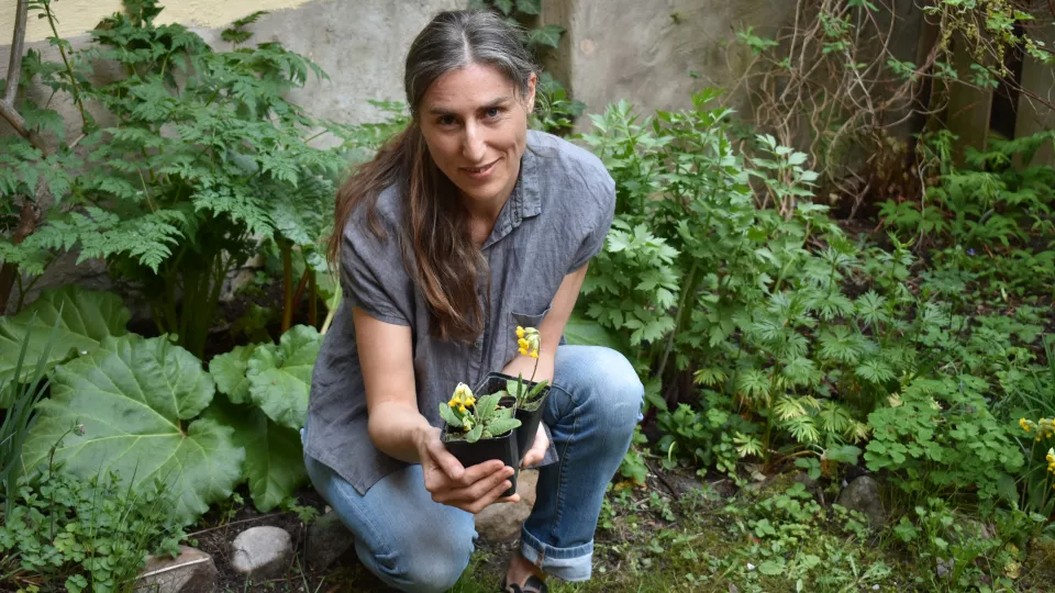 Miljöforskaren Anna Persson i sin trädgård. Foto.