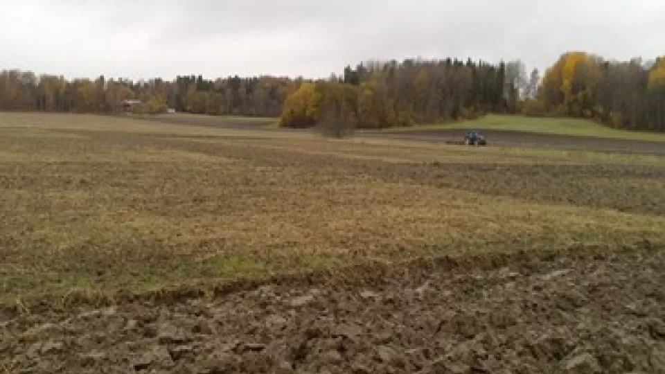 En traktor plöjer ett fält. Foto.