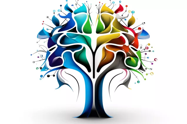 Färgglatt stiliserat träd som påminner om hjärna och nätverk. AI-genererat från Midjourney. CC BY 4.0.