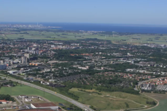 Flygfoto över landskap runt Lund. Foto: Lunds universitets bildbank.