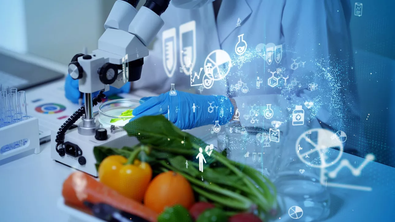 Frukt och grönsaker bredvid ett mikroskop och en person i laboratoriemiljö. Foto.