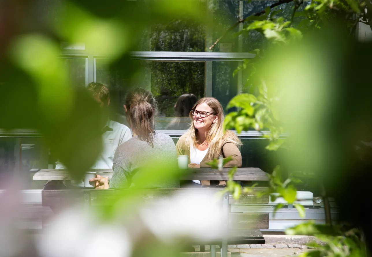 Några människor som sitter tillsammans vid ett bord och pratar utanför CEC:s byggnad. De är omgivna av grönska. Bild: Charlotte Carlberg-Bärg.