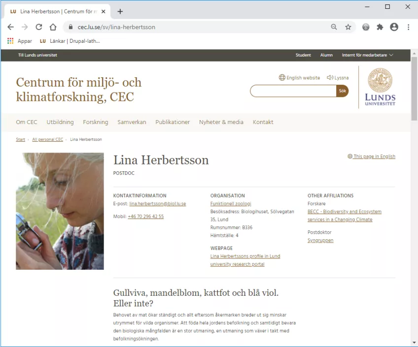 Lina Herbertssons personliga sida. Skärmbild.